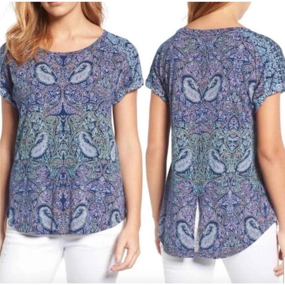 Lucky Brand Women 2X Top Blue Paisley Split Hem Boho Short Sleeve Colorful